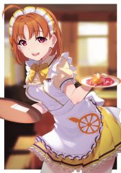 Rule 34 | 1girl, ahoge, apron, blurry, blurry background, bow, bowtie, coco&#039;s, collared shirt, commentary request, frilled apron, frilled skirt, frilled sleeves, frills, hair bow, highres, holding, holding tray, looking at viewer, love live!, love live! school idol festival, love live! sunshine!!, maid headdress, name tag, open mouth, orange bow, orange hair, orange print, print apron, red eyes, shirt, short hair, short sleeves, skirt, smile, solo, takami chika, tray, waist apron, waitress, white apron, yamaori (yamaorimon), yellow bow, yellow bowtie, yellow skirt
