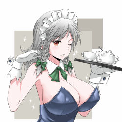 Rule 34 | 1girl, bow, braid, breasts, brown eyes, cleavage, detached collar, female focus, gloves, hair bow, huge breasts, izayoi sakuya, large breasts, leotard, long hair, maid headdress, one eye closed, short hair, silver hair, smile, solo, sparkle, sweatdrop, touhou, twin braids, white gloves, wink, wrist cuffs, zaxwu