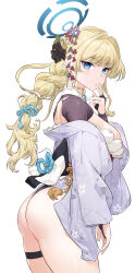 Rule 34 | 1girl, absurdres, ass, blonde hair, blue archive, blue eyes, braid, braided ponytail, breasts, bridal gauntlets, flower, hair flower, hair ornament, halo, highres, japanese clothes, jjjsss, kimono, leotard, long hair, looking at viewer, medium breasts, obi, print kimono, rope, sash, solo, thigh strap, thighs, toki (blue archive), white background, wide sleeves