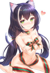 Rule 34 | 1girl, animal ear fluff, animal ears, barefoot, bell, black hair, blush, bow, breasts, cat ears, cat girl, cat tail, choker, cleavage, closed mouth, collarbone, crossed arms, green eyes, groin, hair between eyes, hair bow, hair ribbon, heart, highres, karyl (princess connect!), long hair, looking at viewer, low twintails, medium breasts, multicolored hair, naked ribbon, navel, neck bell, nose blush, princess connect!, ribbon, simple background, sitting, smile, solo, streaked hair, tail, tomo (tmtm mf mf), twintails, v-shaped eyebrows, very long hair, wariza, white background, white hair
