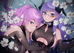 Rule 34 | 2girls, absurdres, azur lane, bare shoulders, black dress, black gloves, black ribbon, blue eyes, breasts, brown gloves, brown leotard, china dress, chinese clothes, cleavage cutout, clothing cutout, curled horns, demon girl, demon horns, dress, elbow gloves, flower, from above, from side, gloves, gneisenau (azur lane), gneisenau (nightmarish succubus) (azur lane), halloween costume, highres, horns, large breasts, leotard, long hair, looking at viewer, maitei roppa, multiple girls, official alternate costume, pink hair, purple hair, rectangular eyewear, red-framed eyewear, ribbon, scharnhorst (azur lane), scharnhorst (panther und pflaume) (azur lane), see-through, skindentation, smile, taut clothes, taut dress, underboob cutout, upper body, white flower