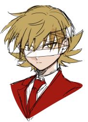 Rule 34 | 1boy, bandage over one eye, blonde hair, closed mouth, collared shirt, commentary request, e.g.o (project moon), employee (project moon), jacket, light frown, lobotomy corporation, male focus, medu (rubish), necktie, project moon, red jacket, red necktie, shirt, short hair, simple background, sketch, solo, white background, white shirt, yellow eyes