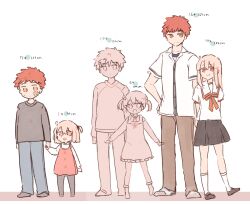 Rule 34 | 1boy, 1girl, aged down, arms at sides, arms behind back, bandaid, bandaid on face, black skirt, blonde hair, blue pants, brown footwear, brown pants, character age, child, dress, emiya shirou, fate/kaleid liner prisma illya, fate (series), full body, hair ornament, hand on own hip, height, highres, homurahara academy school uniform, illyasviel von einzbern, loafers, long hair, long sleeves, one side up, orange hair, pants, pinafore dress, red eyes, saihara, school uniform, shirt, shoes, short hair, short sleeves, short twintails, simple background, skirt, sleeveless, sleeveless dress, smile, socks, standing, star (symbol), star hair ornament, sweatdrop, twintails, white background, white shirt, white socks, yellow eyes