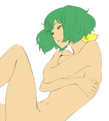 Rule 34 | 00s, 1girl, breasts, brown eyes, closed eyes, covering privates, covering breasts, crossed arms, fetal position, green hair, half-closed eyes, macross, macross frontier, nekoi mie, nude, nude cover, ranka lee, short hair, simple background, solo, unfinished, white background