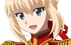 Rule 34 | 10s, 1girl, absurdres, blonde hair, carnival phantasm, fate/extra, fate (series), female focus, green eyes, hair ornament, hair ribbon, highres, looking at viewer, nero claudius (fate), nero claudius (fate) (all), nero claudius (fate/extra), open mouth, portrait, red ribbon, ribbon, short hair, simple background, smile, solo, straywolf, transparent background