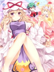 Rule 34 | 1girl, ajiriko, animal ears, arm garter, bad id, bad nicoseiga id, barefoot, blonde hair, blush, breasts, cat ears, cat tail, character doll, chen, closed mouth, dress, flower, fox tail, hat, hat ribbon, juliet sleeves, kitsune, knees together feet apart, kyuubi, large breasts, long hair, long sleeves, looking at viewer, lying, mob cap, multiple tails, on back, on bed, pillow, puffy sleeves, purple eyes, ribbon, smile, solo, tabard, tail, touhou, two tails, white dress, wide sleeves, yakumo ran, yakumo yukari
