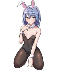 Rule 34 | 1girl, animal ears, asahi rokka, bang dream!, bare shoulders, between legs, black leotard, blue hair, blush, breasts, brown pantyhose, collarbone, commentary request, covered navel, detached collar, fake animal ears, finger to mouth, full body, green eyes, hair between eyes, hairband, hand between legs, hand up, highres, kneeling, korean commentary, leotard, long hair, looking at viewer, pantyhose, parted lips, playboy bunny, ptal, rabbit ears, simple background, small breasts, smile, solo, strapless, strapless leotard, white background, white hairband, wrist cuffs