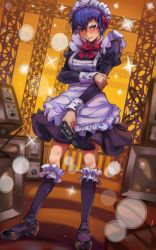 Rule 34 | 1girl, absurdres, alternate costume, apron, averting eyes, black dress, black footwear, black socks, blue eyes, blue hair, blurry, blush, bokeh, bow, bowtie, breasts, closed mouth, depth of field, dress, dutch angle, embarrassed, enmaided, female focus, frilled apron, frilled dress, frilled socks, frills, full body, gun, hair bow, hand up, handgun, highres, holding, holding gun, holding own arm, holding weapon, juliet sleeves, kneehighs, long sleeves, looking to the side, maid, maid apron, maid headdress, mary janes, matching hair/eyes, medium breasts, nose blush, orange background, persona, persona 4, puffy sleeves, red bow, red bowtie, revolver, shirogane naoto, shoes, short hair, sidelocks, socks, solo, sparkle, standing, television, toasty scones, trigger discipline, v-shaped eyebrows, wavy mouth, weapon, white apron