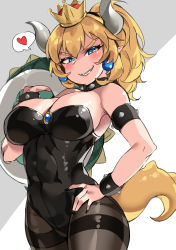 Rule 34 | 1girl, absurdres, armlet, bare shoulders, black collar, black leotard, black nails, black pantyhose, blonde hair, blue eyes, borrowed design, bowsette, bracelet, breasts, cleavage, collar, colored eyelashes, commentary, covered navel, cowboy shot, crown, evil grin, evil smile, grin, hand on own hip, heart, highres, horns, jewelry, large breasts, leotard, long hair, looking at viewer, mario (series), nail polish, new super mario bros. u deluxe, nintendo, pantyhose, ponytail, sharp teeth, shiny clothes, shiny skin, smile, solo, spiked armlet, spiked bracelet, spiked collar, spikes, spoken heart, strapless, strapless leotard, super crown, symbol-only commentary, tail, teeth, tem10, thighband pantyhose, turtle shell