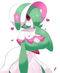 Rule 34 | 1girl, absurdres, blueicecreaml, blush, bonnet, breasts, cleavage, closed mouth, colored skin, creatures (company), dress, elbow gloves, female focus, game freak, gardevoir, gen 3 pokemon, gloves, green dress, green gloves, green hair, heart, highres, large breasts, looking at viewer, nintendo, pokemon, pokemon (creature), pokemon unite, purple eyes, shiny clothes, shiny skin, short hair, signature, simple background, smile, solo, thick thighs, thighs, white background, white dress, white skin