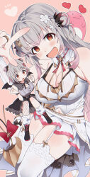 Rule 34 | 1girl, black footwear, black skirt, black wings, blush, breasts, cleavage, clenched hands, garter straps, grey hair, grey shirt, hair ornament, highres, indie virtual youtuber, large breasts, leg warmers, long hair, looking at viewer, mascot, multiple views, navel, open mouth, pink hair, sagami jon, shirt, shoes, simple background, skirt, sleeveless, suou patra, tail, thighhighs, v, virtual youtuber, white thighhighs, wings