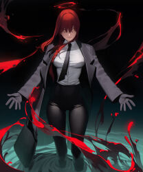 Rule 34 | 1girl, abbystea, aura, black coat, black gloves, black necktie, black pants, blood, blood halo, breasts, business suit, chainsaw man, coat, collared shirt, formal, gloves, hair down, halo, high-waist pants, highres, large breasts, liquid halo, makima (chainsaw man), necktie, office lady, open clothes, open coat, open hands, pants, partially submerged, red hair, red halo, ringed eyes, shirt, shirt tucked in, solo, suit, tight clothes, tight pants, white shirt, yellow eyes
