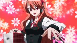 Rule 34 | 10s, 1girl, akame ga kill!, brown hair, candy, chelsea (akame ga kill!), lollipop, long hair, looking at viewer, red eyes, shirt, smile, solo, standing, stitched, third-party edit, vest