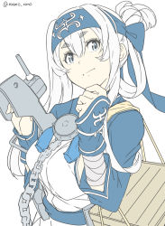 Rule 34 | 1girl, adapted turret, ainu clothes, blue eyes, cannon, chain, crate, cropped jacket, folded ponytail, headband, kamoi (kancolle), kantai collection, machinery, ninimo nimo, one-hour drawing challenge, sidelocks, simple background, solo, turret, upper body, white background, white hair, wrist guards