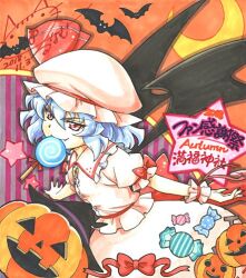 Rule 34 | 1girl, bat wings, blue hair, candy, food, frilled sleeves, frills, halloween, hat, lollipop, looking at viewer, lunamoon, mob cap, puffy short sleeves, puffy sleeves, red eyes, remilia scarlet, short sleeves, solo, touhou, wings