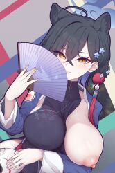 Rule 34 | 1girl, absurdres, ahoge, animal ears, black dress, black hair, blue archive, blue halo, breasts, chinese clothes, closed mouth, covered erect nipples, dress, extra ears, flower, folding fan, hair between eyes, hair bun, hair flower, hair ornament, halo, hand fan, hand up, highres, holding, holding fan, holding mask, kaguya (blue archive), large breasts, long sleeves, looking at viewer, mask, nipples, one breast out, rla13753, single hair bun, sleeveless, sleeveless dress, smile, solo, yellow eyes