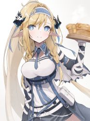 Rule 34 | 1girl, arknights, bare shoulders, blonde hair, blue eyes, blue necktie, breasts, commentary request, food, hand up, highres, holding, holding plate, large breasts, long hair, looking at viewer, matchadzuke, necktie, partial commentary, plate, pointy ears, saileach (arknights), shirt, smile, solo, upper body, very long hair, white shirt