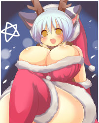 Rule 34 | 1girl, animal ears, bare shoulders, blush, breasts, bursting breasts, cape, christmas, cleavage, cow ears, cow girl, curvy, elbow gloves, female focus, gloves, happy, hat, horns, huge breasts, mimisuke (mim&#039;im), miniskirt, night, open mouth, original, red gloves, santa costume, santa hat, short hair, silver hair, sitting, skirt, smile, snow, snowing, solo, star (symbol), thick thighs, thighhighs, thighs, wide hips, yellow eyes