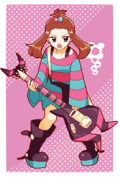 Rule 34 | 1girl, badge, bangs pinned back, black eyes, boots, breasts, brown hair, cosplay, creatures (company), dress, electric guitar, fangs, full body, furrowed brow, game freak, guitar, gym leader badge, hair bobbles, hair ornament, hibikileon, highres, holding, holding instrument, instrument, looking at viewer, may (pokemon), medium breasts, medium hair, nintendo, pokemon, pokemon adventures, pokemon bw2, polka dot, polka dot background, purple background, purple footwear, roxie (pokemon), roxie (pokemon) (cosplay), solo, standing, striped clothes, striped dress, toxic badge, twintails