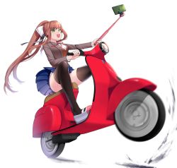 Rule 34 | + +, 1girl, :d, black thighhighs, blue sky, brown hair, brown jacket, cellphone, commentary, commission, doki doki literature club, english commentary, green eyes, hair ribbon, highres, jacket, long hair, long sleeves, looking away, monika (doki doki literature club), motion blur, motor vehicle, motorcycle, open mouth, panties, panty peek, phone, pleated skirt, ponytail, potetos7, ribbon, riding, school uniform, scooter, selfie stick, shoes, sidelocks, simple background, skirt, sky, smartphone, smile, solo, thighhighs, underwear, uwabaki, v-shaped eyebrows, very long hair, vespa, white background, white panties, white ribbon