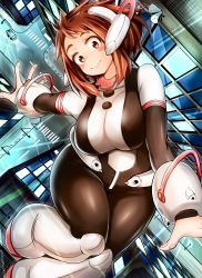 Rule 34 | 1girl, absurdres, adahcm, blush, bodysuit, boku no hero academia, boots, breasts, brown eyes, brown hair, building, city, curvy, flying, headpiece, highres, large breasts, looking at viewer, short hair, skin tight, smile, solo, superhero costume, thick thighs, thighs, uraraka ochako, wide hips