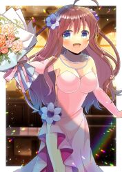 Rule 34 | 1girl, :d, ahoge, blue eyes, blurry, blurry background, blush, bouquet, braid, breasts, brown hair, cleavage, collarbone, commentary request, commission, depth of field, dress, elbow gloves, flower, gloves, hair between eyes, hair flower, hair ornament, holding, holding bouquet, kanbe kotori, kou hiyoyo, long hair, looking at viewer, medium breasts, open mouth, pink dress, pink flower, pink gloves, pink rose, red flower, red rose, rewrite, rose, side slit, skeb commission, smile, solo, strapless, strapless dress, twin braids, very long hair, white flower, white rose
