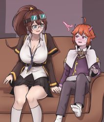 Rule 34 | 1boy, 1girl, ahoge, black skirt, blue eyes, blush, breasts, brown hair, cleavage, demon boy, eyewear on head, glasses, guardian tales, hand on another&#039;s hand, highres, horns, jangdondan, large breasts, looking at another, open clothes, open mouth, orange hair, ponytail, red eyes, scientist sohee, shirt, sitting, skirt, socks, twin healer favi, white legwear, white shirt