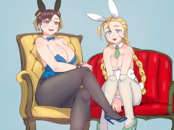 Rule 34 | 2girls, alternate costume, animal ears, blue background, bow, bowtie, braid, breasts, cammy white, capcom, chun-li, detached collar, highres, large breasts, leotard, looking at viewer, multiple girls, open mouth, pantyhose, playboy bunny, rabbit ears, rabbit tail, sexybeam, sitting, small breasts, street fighter, traditional bowtie, twin braids