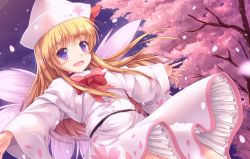Rule 34 | 1girl, :d, blonde hair, bow, capelet, cherry blossom print, cherry blossoms, commentary request, fairy wings, floral print, hat, highres, lily white, long hair, looking at viewer, lzh, open mouth, outdoors, outstretched arms, petals, purple eyes, smile, solo, spread arms, touhou, tree, wide sleeves, wings