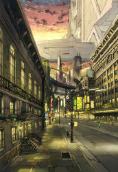 Rule 34 | bad id, bad pixiv id, border, building, city, cityscape, highres, lamppost, lights, neon lights, no humans, original, pavement, red sky, revision, road, scenery, science fiction, sky, skyscraper, street, tomaknights, vanishing point