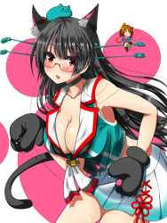 Rule 34 | 10s, 2girls, animal ear fluff, animal ears, animal hands, ar (lover boy), armpits, bare shoulders, black gloves, black hair, blush, breasts, brown hair, cat ears, choker, choukai (kancolle), cleavage, collarbone, cowboy shot, downblouse, fang, from side, glasses, gloves, hair ornament, hairclip, hat, headgear, highres, kantai collection, kemonomimi mode, large breasts, leaning forward, long hair, looking at viewer, looking to the side, maya (kancolle), mini person, minigirl, multiple girls, neckerchief, parted lips, paw gloves, pleated skirt, red eyes, remodel (kantai collection), rimless eyewear, school uniform, serafuku, short hair, skirt, sleeveless, smile, tail, x hair ornament