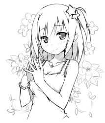 Rule 34 | 1girl, bare shoulders, blush, bracelet, camisole, collarbone, fingernails, floral background, flower, greyscale, hair ornament, haruka (liong), jewelry, lineart, looking at viewer, monochrome, necklace, one side up, original, pendant, short hair, sky-freedom, smile, solo, star (symbol), steepled fingers, upper body
