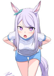 Rule 34 | 1girl, animal ears, aqua bow, artist name, blue shorts, blush, bow, breasts, commentary request, cowboy shot, ear bow, hands on own hips, highres, horse ears, horse girl, horse tail, long hair, mejiro mcqueen (umamusume), open mouth, original race uniform (umamusume), puffy short sleeves, puffy sleeves, purple eyes, purple hair, shirt, short sleeves, shorts, simple background, small breasts, solo, t2r, tail, umamusume, v-shaped eyebrows, white background, white shirt