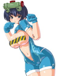 Rule 34 | 10s, 1girl, bad id, bad pixiv id, black hair, breasts, busou shinki, caution tape, dd (ijigendd), doll joints, gloves, grapprap, joints, large breasts, navel, short hair, simple background, solo, unzipped, white background