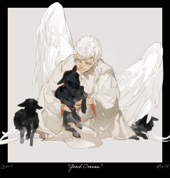 Rule 34 | 1boy, angel, angel wings, animal, aziraphale (good omens), good omens, highres, lamb, lanjinli 1231, looking at viewer, robe, sheep, solo, white hair, white robe, wings