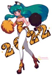 Rule 34 | 1990s (style), 1girl, 2022, 20s, animal ears, animal print, blush, bow, bowtie, breasts, cheerleader, chinese zodiac, cleavage, collarbone, cresscin, dated, detached collar, green eyes, green hair, happy new year, high heels, highres, holding, leotard, long hair, looking at viewer, lum, medium breasts, new year, orange bow, orange bowtie, orange footwear, orange leotard, pantyhose, pom pom (cheerleading), print leotard, retro artstyle, shoes, smile, sparkle, standing, tail, tiger ears, tiger girl, tiger print, tiger tail, urusei yatsura, white background, white pantyhose, year of the tiger