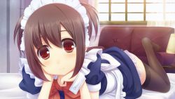 Rule 34 | 1girl, black thighhighs, blush, brown hair, couch, highres, lamp, looking at viewer, lying, maid, maid headdress, on stomach, original, red eyes, short hair, smile, solo, sorano (12gou), thighhighs, window, wrist cuffs