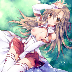 Rule 34 | 10s, 1girl, :&lt;, asuna (sao), bare shoulders, blush, breasts, breasts out, brown eyes, brown hair, detached sleeves, female focus, large breasts, long hair, looking at viewer, lying, miniskirt, nipples, no bra, on back, outdoors, skirt, solo, sorai shin&#039;ya, sword art online, thighhighs, thighs, white thighhighs