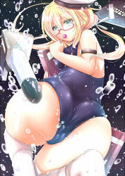 Rule 34 | 10s, 1girl, ass, bad id, bad pixiv id, blonde hair, blue eyes, book, breasts, bubble, candy, food, from behind, glasses, hat, i-8 (kancolle), juurouta, kantai collection, large breasts, lollipop, long hair, looking at viewer, looking back, one-piece swimsuit, personification, red-framed eyewear, school swimsuit, solo, swimsuit, thighhighs, torpedo, twintails, underwater, water, white thighhighs