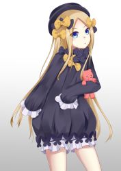 Rule 34 | 1girl, :o, abigail williams (fate), black bow, black dress, black hat, blonde hair, bloomers, blue eyes, bow, bug, butterfly, commentary request, dress, fate/grand order, fate (series), forehead, gradient background, grey background, hair bow, hat, highres, hugging object, insect, long hair, long sleeves, looking at viewer, orange bow, parted bangs, parted lips, polka dot, polka dot bow, sleeves past fingers, sleeves past wrists, solo, stuffed animal, stuffed toy, syumya (syakuku15mon), teddy bear, underwear, very long hair, white background, white bloomers