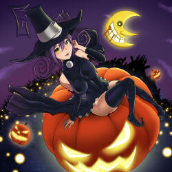 Rule 34 | 1girl, ass, bare shoulders, blair (soul eater), blood, breasts, building, city, curly hair, detached sleeves, fang, floating, full body, hat, highres, large breasts, moon, night, open mouth, pumpkin, purple hair, purple sky, revenantart, sitting, sky, smile, soul eater, witch, witch hat, yellow eyes