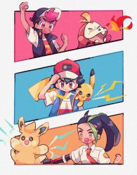 Rule 34 | 1girl, 2boys, adjusting clothes, adjusting headwear, animal, animal on shoulder, arm up, ash ketchum, baseball cap, black gloves, black hair, black headwear, black jacket, blue jacket, blush stickers, breath weapon, breathing fire, bright pupils, brown eyes, clenched hand, clenched hands, closed eyes, collared shirt, commentary request, creatures (company), determined, electricity, fangs, fingerless gloves, fire, fuecoco, game freak, gen 1 pokemon, gloves, green hair, hands up, happy, hat, high ponytail, highres, jacket, long hair, mgomurainu, multicolored hair, multiple boys, necktie, nemona (pokemon), nintendo, on shoulder, open clothes, open jacket, open mouth, orange necktie, outstretched arm, outstretched hand, pawmi, pikachu, pokemon, pokemon (anime), pokemon (creature), pokemon horizons, pokemon on shoulder, pokemon sv, purple hair, red eyes, red headwear, red shirt, roy (pokemon), shirt, short sleeves, single glove, smile, white shirt, yellow eyes