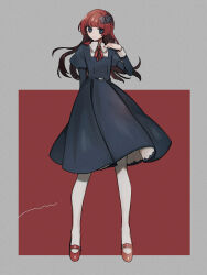 Rule 34 | 1girl, arm behind back, black bow, black dress, black eyes, blue dress, blunt bangs, bow, brown hair, closed mouth, collared dress, dress, full body, grey background, hair bow, hand up, highres, juliet sleeves, long hair, long sleeves, looking at viewer, maco22, mary janes, neck ribbon, original, pantyhose, puffy sleeves, red background, red footwear, red hair, red ribbon, ribbon, shoes, signature, smile, solo, standing, two-tone background, white pantyhose
