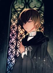 Rule 34 | 1boy, brown hair, cliff grimoire, collar, closed eyes, hair over one eye, hand up, highres, indoors, male focus, mushoku tensei, priest, rotten tofu, solo, upper body, vestments, white collar, wide sleeves, window