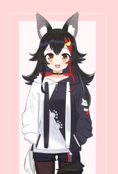 Rule 34 | 1girl, :d, animal ear fluff, animal ears, animal print, black hair, black pantyhose, hands in pockets, highres, hololive, hood, hood down, hoodie, long hair, long sleeves, looking at viewer, nananana (nana hololive), ookami mio, ookami mio (casual), open mouth, orange eyes, pantyhose, paw print, red hair, short shorts, shorts, smile, solo, tail, tail wrap, virtual youtuber, white hair, wolf ears, wolf tail