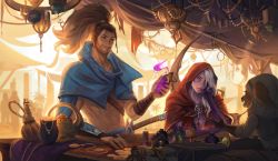 Rule 34 | 1girl, 2boys, abs, animal ears, beard, bottle, brown hair, cape, closed mouth, coin, collarbone, colored skin, facial hair, furry, furry female, gem, gloves, grey hair, grey skin, highres, holding, holding bottle, hood, hood up, jewelry, league of legends, long hair, market, multiple boys, navel, necklace, outdoors, ponytail, potion, purple skin, red cape, scar, scar on face, sharp armpits, smile, sun, varus, weapon, yasuo (league of legends)