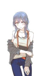 Rule 34 | 1girl, alternate costume, blue eyes, blue hair, breasts, casual, cowboy shot, denim, gotland (kancolle), hair between eyes, highres, jeans, kantai collection, long hair, looking at viewer, medium breasts, mole, mole under eye, off shoulder, pants, shirt, simple background, sleeveless, smile, solo, striped clothes, striped shirt, tank top, uroko (kuroko), white background
