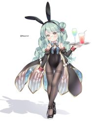 Rule 34 | 1girl, alternate costume, azur lane, blush, breasts, commentary request, full body, glass, glasses, green hair, juugou taki, langley (azur lane), looking at viewer, pantyhose, playboy bunny, simple background, small breasts, solo, standing, tray, white background