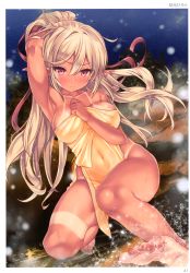 Rule 34 | 1girl, absurdres, arm up, armpits, barefoot, bikini tan, blurry, blush, breasts, brown eyes, covered navel, covering privates, depth of field, elf, hair ribbon, hand on own chest, highres, large breasts, long hair, naked towel, night, night sky, nijimoto hirok, nude cover, onsen, outdoors, page number, pink eyes, pointy ears, ponytail, ribbon, scan, sidelocks, sky, snowing, solo, star (sky), starry sky, steam, tan, tanline, toes, toranoana, towel, very long hair, wet
