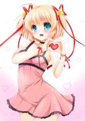 Rule 34 | 1girl, :d, ahoge, blonde hair, blue eyes, blush, breasts, chibinon, choker, cleavage, collarbone, cowboy shot, dress, female focus, frilled dress, frills, gradient background, hair between eyes, hair ornament, hair ribbon, heart, heart hands, highres, kamikita komari, little busters!, open mouth, pink background, pink dress, red ribbon, ribbon, short dress, short hair, sideboob, sleeveless, sleeveless dress, small breasts, smile, solo, standing, star (symbol), star hair ornament, white background, wrist ribbon